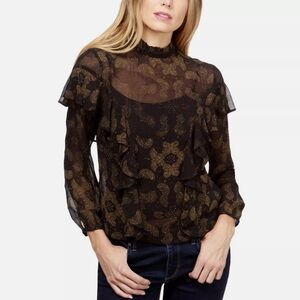NWOT Lucky Brand Sheer Ruffle Long Sleeve Paisley Black & Gold Blouse Sz XS